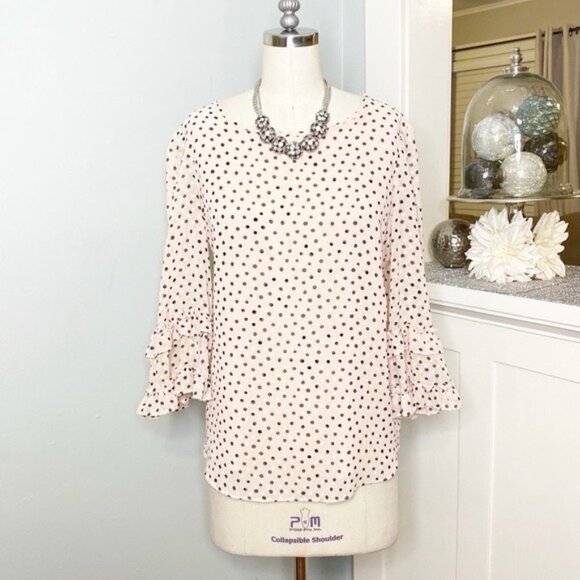 Max Studios Pink Polka Dot Ruffle Bell Sleeve Blouse Small - Picture 3 of 10